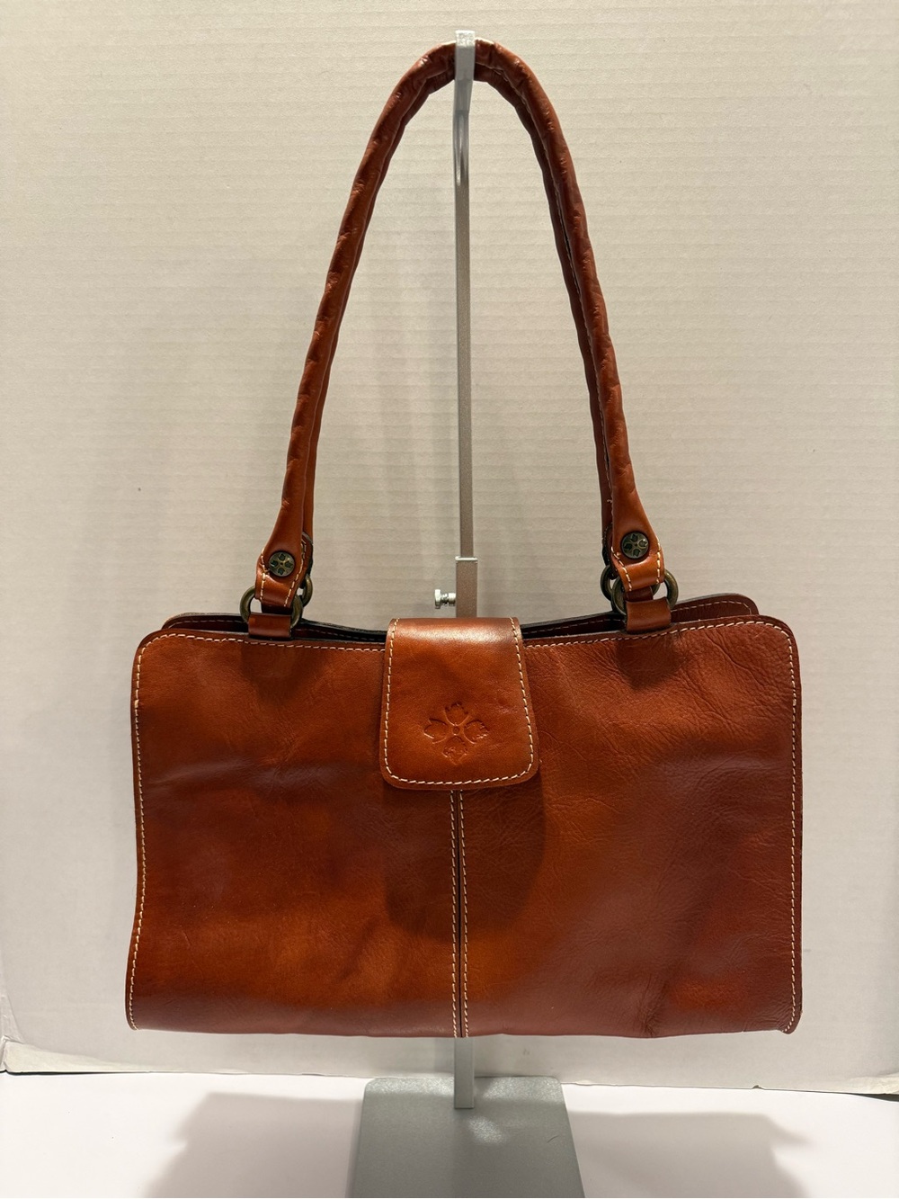 EUC Patricia Nash Rienzo Satchel Bag Purse Cognac Brown Leather Two Handle
